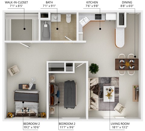 Floor plan for 2 beds, 1 bath, 910 sqft